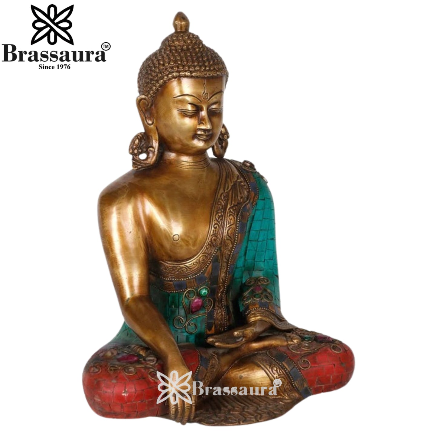 Brass Bhumisprasa Gem Stone Work Buddha Weight 6.5 kg & Height 12 Inch