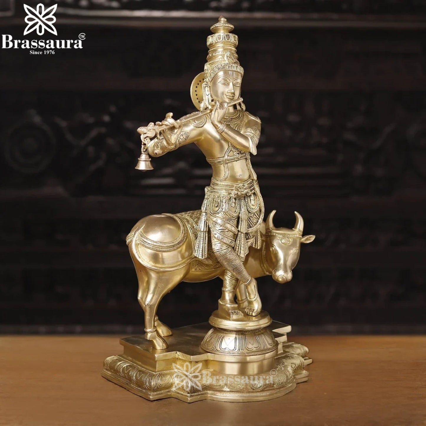 Brass Royal Gold Cow Krishna Murti Weight 27.78 Kg And Height 26 Inch