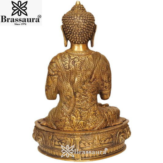 Brassaura® Royal Golden Blessing Buddha Idol with Base for Home & Décor | Pure Superfine Brass Handcrafted Murti, Brass Statue for Home Temple, Pooja Room | Height 15 Inches | Weight 8 Kg