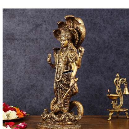 Brassaura™ Handcrafted Superfine Brass Lord Vishnu Idol with Sheshanaag Crown | 17 Inch Height | 8.55 KG Weight | Exquisite Craftsmanship