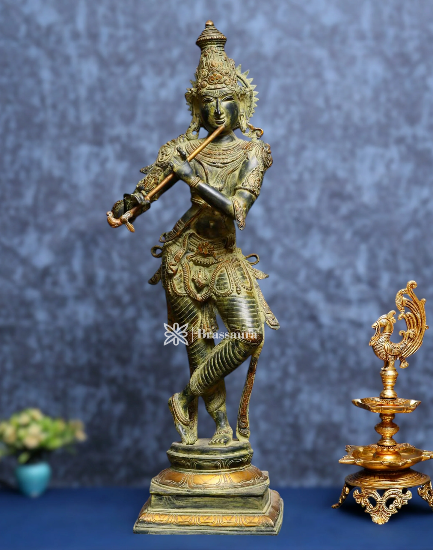 BrassAura™ Brass Krishna Statue – Green Algae Finish | Height 35 Inch | Weight 19 Kg