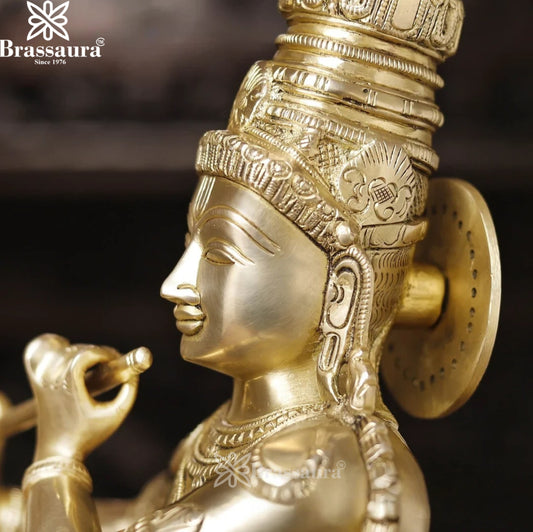 Brassaura® Lord Krishna Playing Flute with Cow Idol with Polished Finish | Pure Superfine Brass Handcrafted Murti | Brass Statue for Home Temple, Pooja Room | Height 26 Inches | Weight 27.7 Kgs