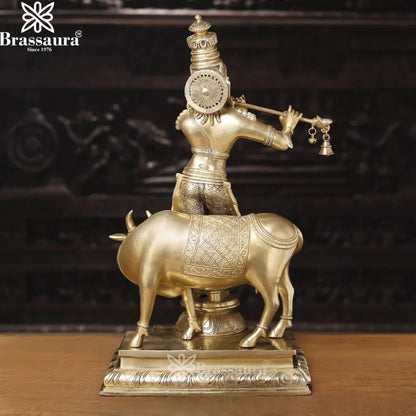 Brass Royal Gold Cow Krishna Murti Weight 27.78 Kg And Height 26 Inch