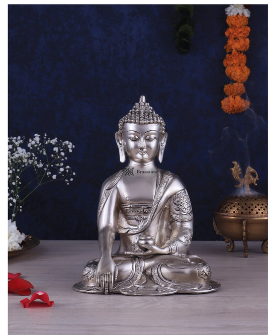 Brassaura™ Silver-Plated Brass Buddha Idol in Abhaya Mudra – Height 10 Inches, Weight 2.8 Kgs