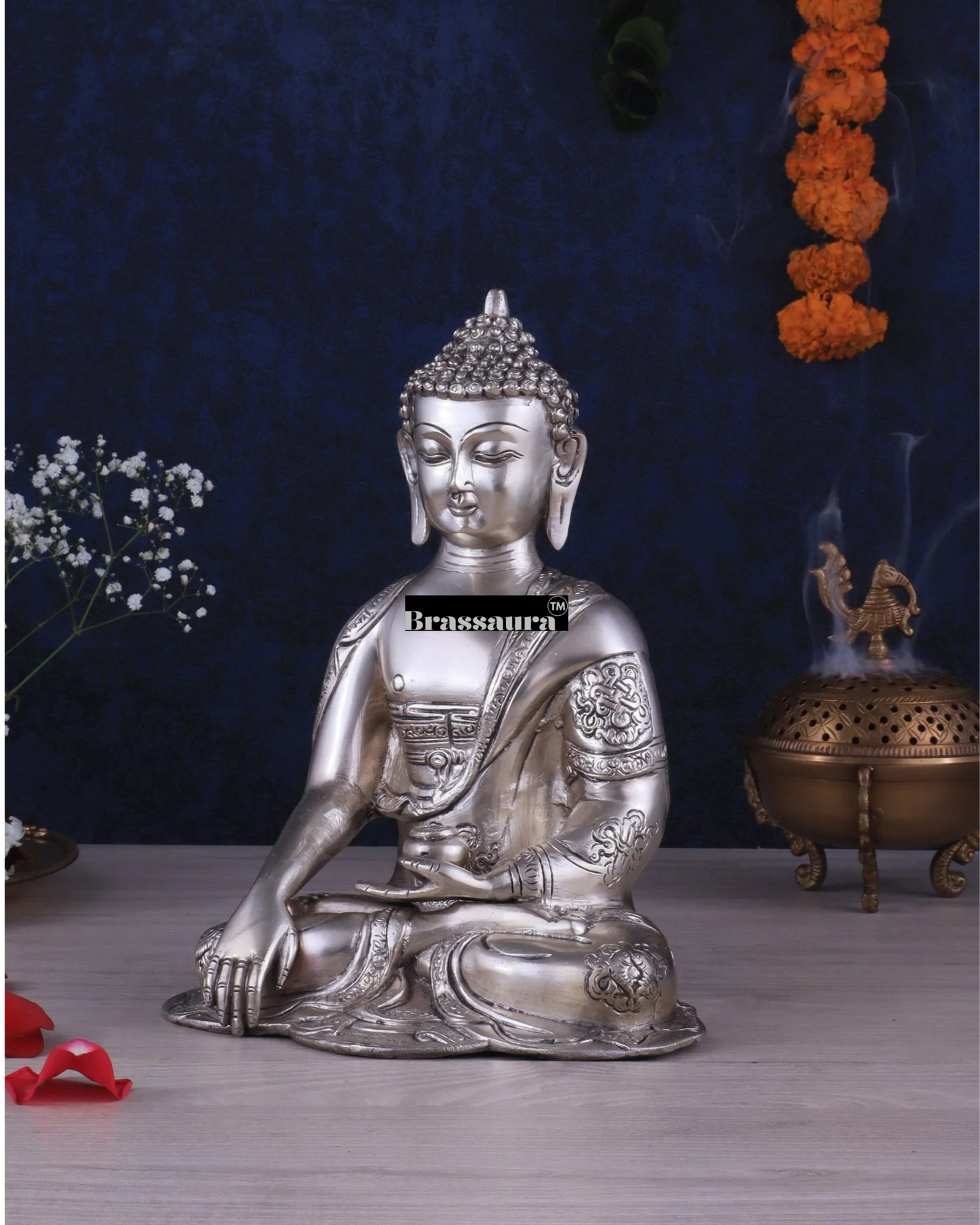 Brassaura™ Silver-Plated Brass Buddha Idol in Abhaya Mudra – Height 10 Inches, Weight 2.8 Kgs