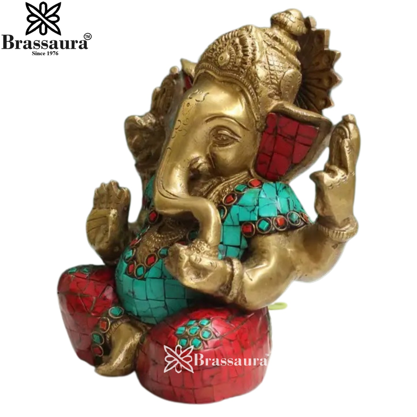 Brass Gem Stone Work Ganesha Statue Weight 2.3 Kg & Height 6.5 Inch