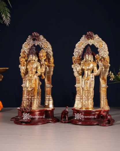 Brassaura™ Brass Idols Pair Vishnu Laxmi with Intricately Carved Prabhavalis – 9-Inch, 5kg – Handmade Hindu God Statues for Home Temple Décor