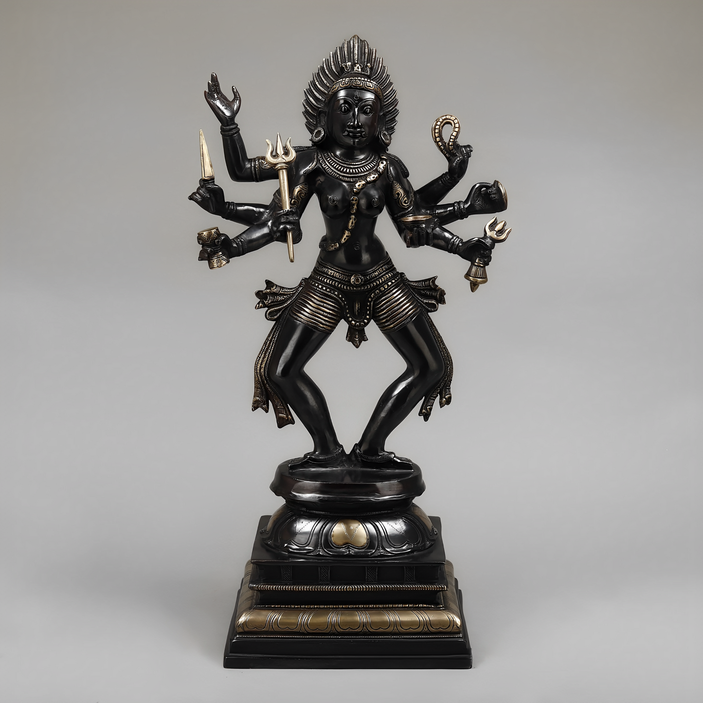 Brassaura™ Brass Kaal Bhairav Idol Standing on Pedestal – 23.5 inch | 14.15 kg | Deep Black with Golden Finish for Home & Temple Decor