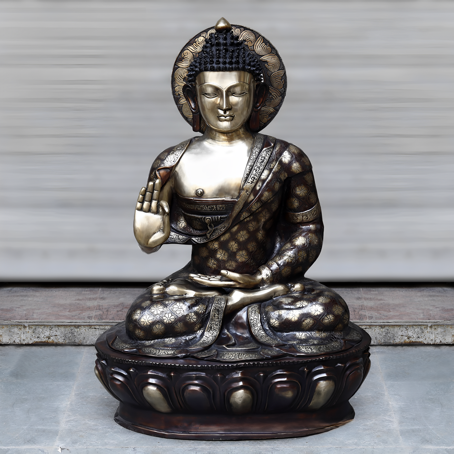 Brassaura™ Large Brass Buddha Statue with Carvings – Height 44 Inches | Weight 92.2 Kgs | Copper & Smooth Finish