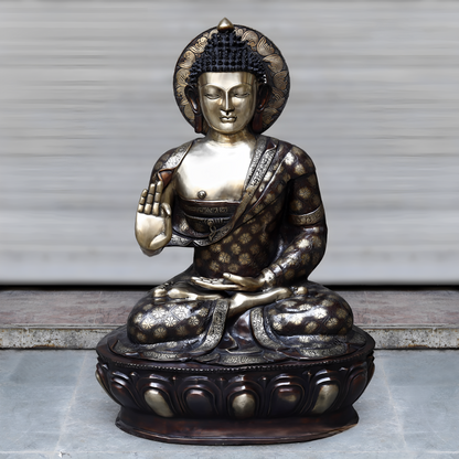 Brassaura™ Large Brass Buddha Statue with Carvings – Height 44 Inches | Weight 92.2 Kgs | Copper & Smooth Finish