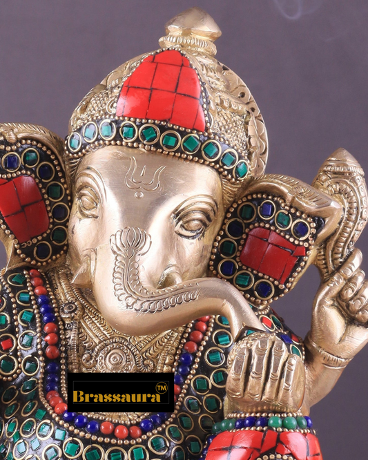 Brassaura™ Pure Brass Ganesha Statue – 7.5 Inch Height | 3.88 kg | Handcrafted with Stone Inlay
