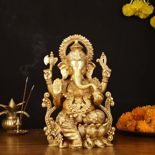Brassaura™ Handcrafted Pure Brass Ganesha Idol on Lotus – 12.25 Inch Height | 8 kg | Golden Finish | Elegant Décor for Home, Office & Temple