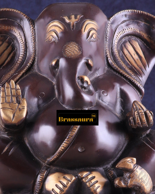 Brassaura™ Unique Brass Lord Ganesha Statue on Round Base – 8" Height, 3.46 kg – Vintage Finish