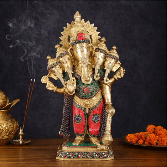 Brassaura™ Brass Superfine Standing Panchmukhi Ganesha Statue – 19" Height, 12.15 kg – Intricate Stonework