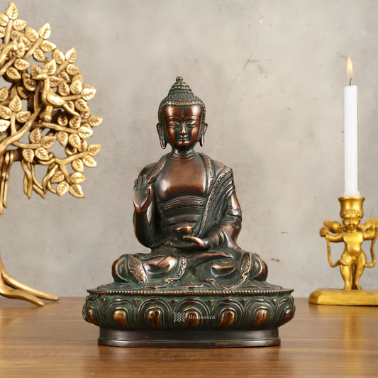 Brassaura™ Pure Brass Buddha Statue in Antique Finish – Height 8 Inches, Weight 2.25 Kgs