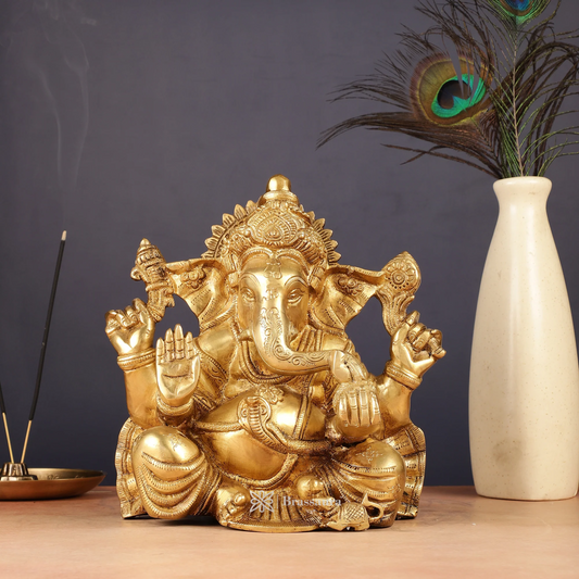 Brassaura™ Brass Ganesha Idol – Height 9 Inches, Weight 5 Kgs | Wisdom & Prosperity Statue