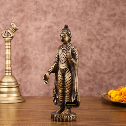 Brassaura™ Pure Brass Standing Buddha Idol – Height 9 Inches, Weight 1.5 Kgs