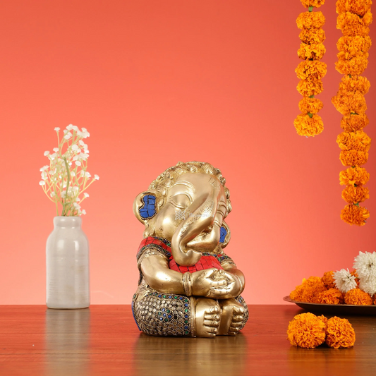 Brassaura™ Pure Brass Baby Ganesha Idol in Meditation with Natural Stones – Height 9 Inches, Weight 5 Kgs
