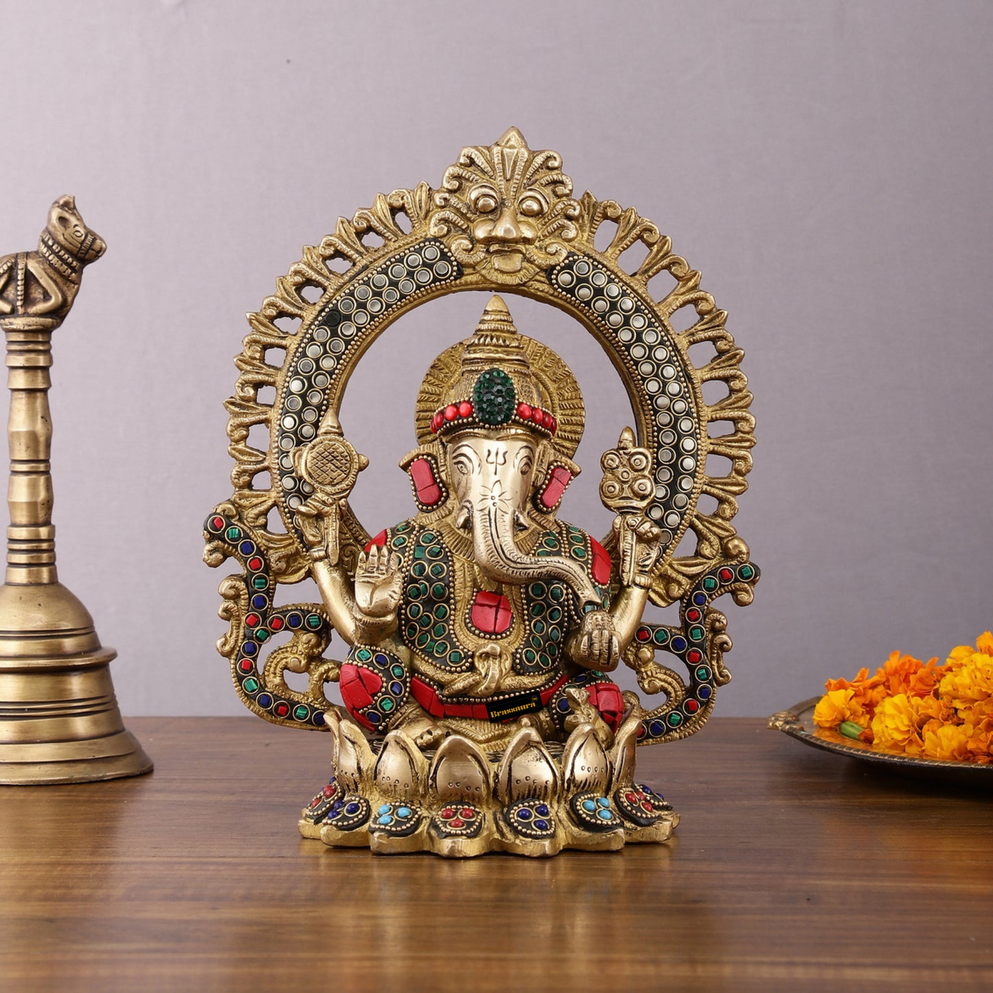 Brassaura™ Brass Ganesha, Lakshmi & Saraswati Idol Set – 9.5 Inch Height | 10.2 kg | Handcrafted with Meenakari Stonework