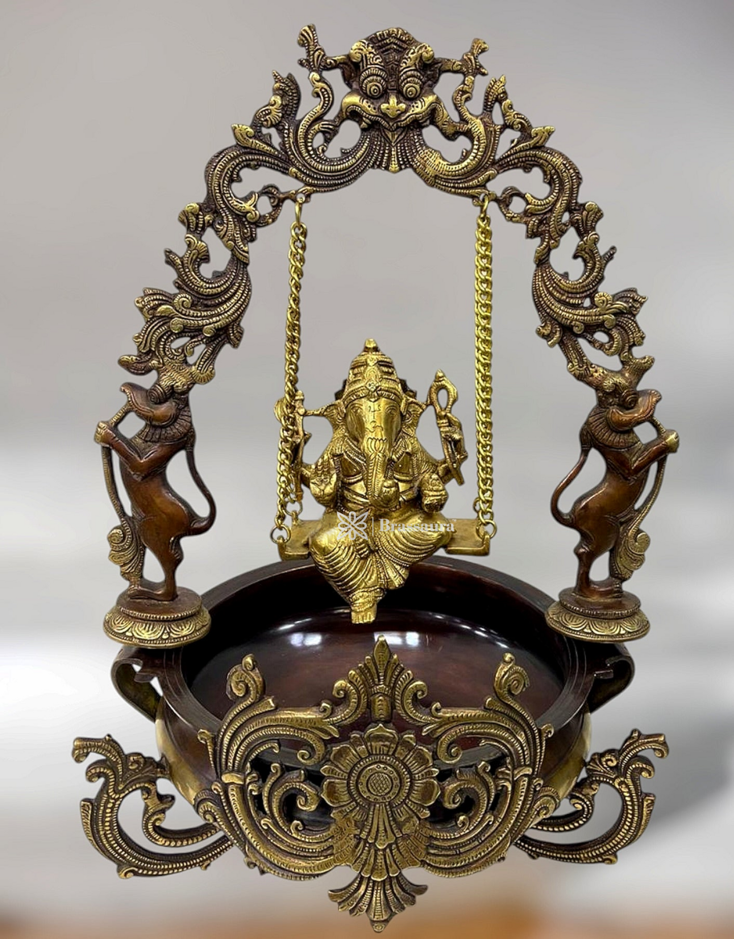 Brassaura™ Superfine Handcrafted Brass Ganesha Swing with Urli – 21" Height, 13 kg – Antique Copper Finish Centerpiece