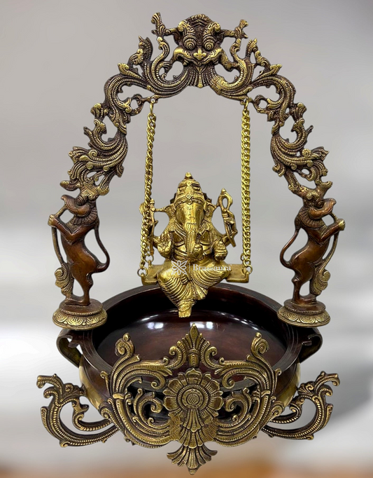 Brassaura™ Superfine Handcrafted Brass Ganesha Swing with Urli – 21" Height, 13 kg – Antique Copper Finish Centerpiece