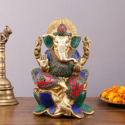 Brassaura™ Brass Gemstone Work Ganesha Idol – 10 Inch Height | 4.5 kg | Multi-Coloured | Good Luck Statue for Home Decor, Diwali, Housewarming & Wedding Gift