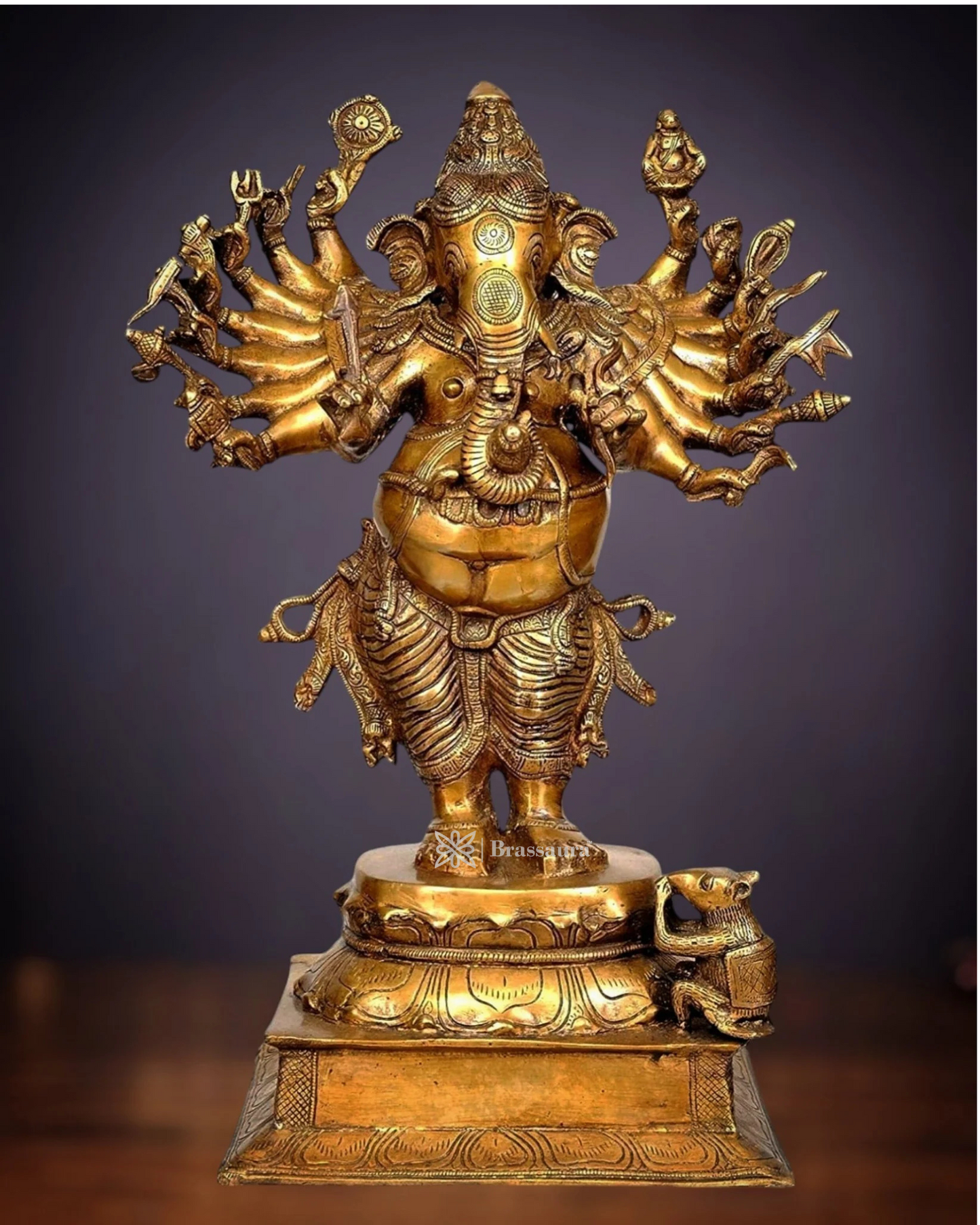 Brassaura™ Brass Vira Ganesha Statue – 16 Arms, Height 23 Inches, Weight 19 Kgs