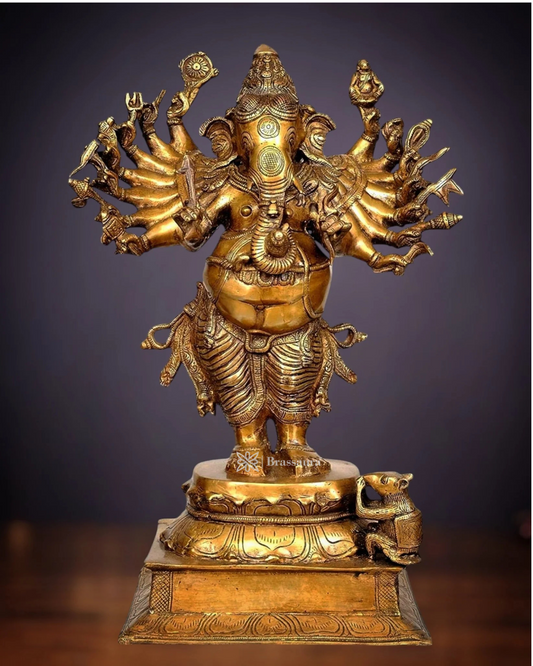 Brassaura™ Brass Vira Ganesha Statue – 16 Arms, Height 23 Inches, Weight 19 Kgs