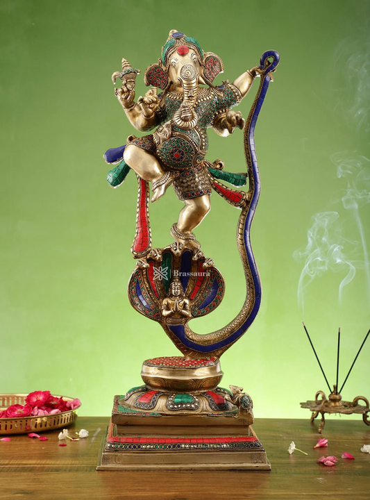 Brassaura™ Brass Ganapathi Dancing on Vasuki Nag Statue with Meenakari Stonework – 26.5 Inch Height | 18 Kg
