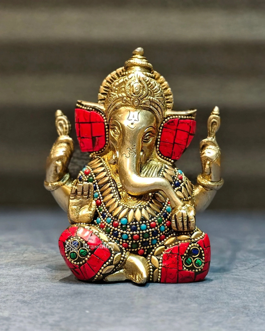 Brassaura™ Pure Brass Ganesha Idol with Meenakari Stonework – Height 6 Inches & Weight 1.8 Kgs