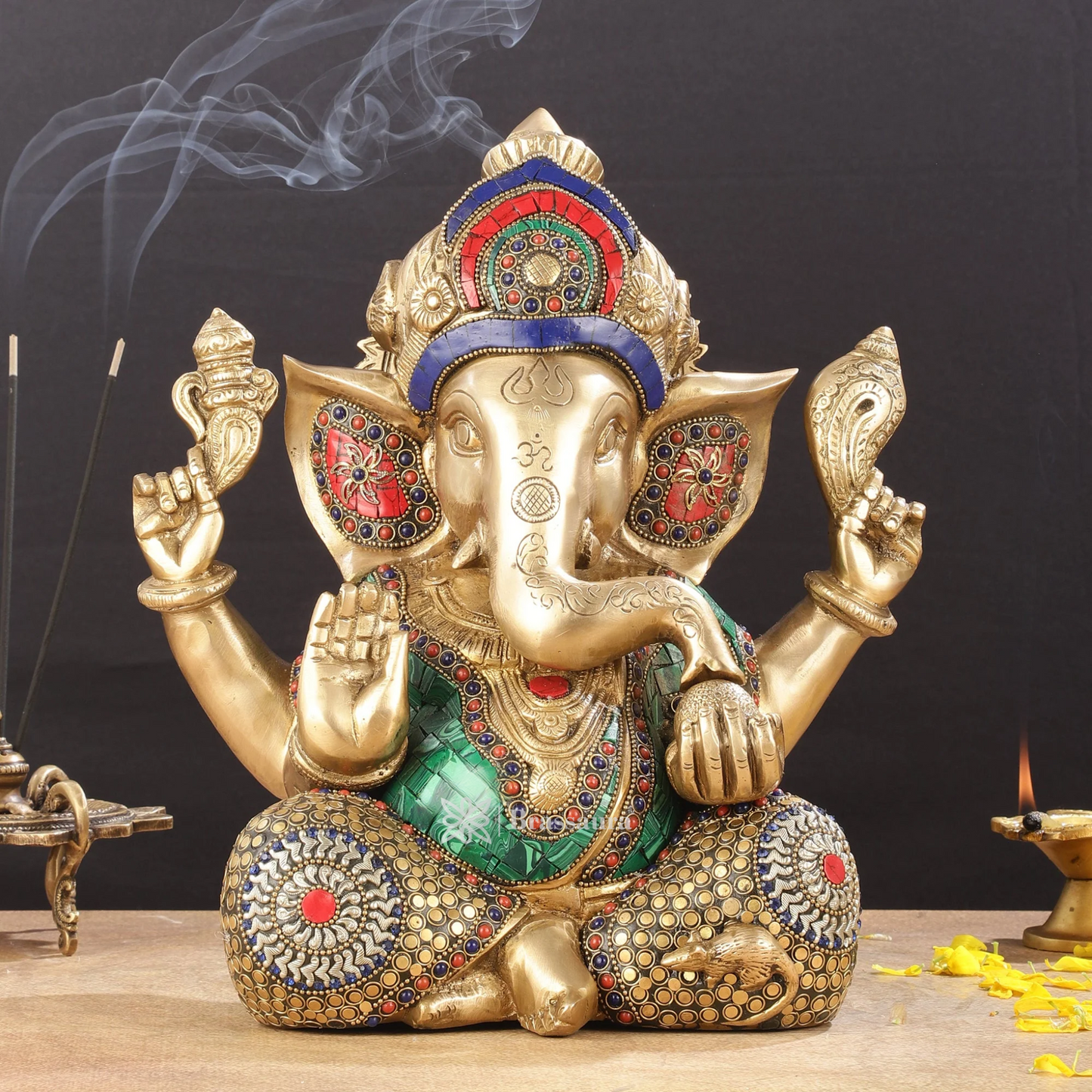 Brassaura™ Ganapati Brass Idol – Intricate Stonework | Height 12 Inches, Weight 9 Kgs