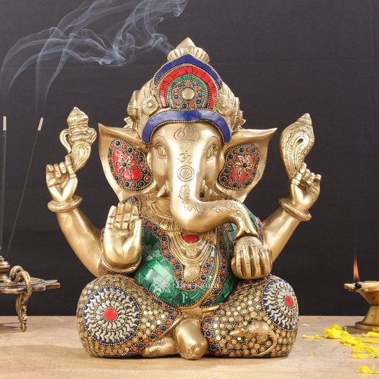 Brassaura™ Ganapati Brass Idol – Intricate Stonework | Height 12 Inches, Weight 9 Kgs