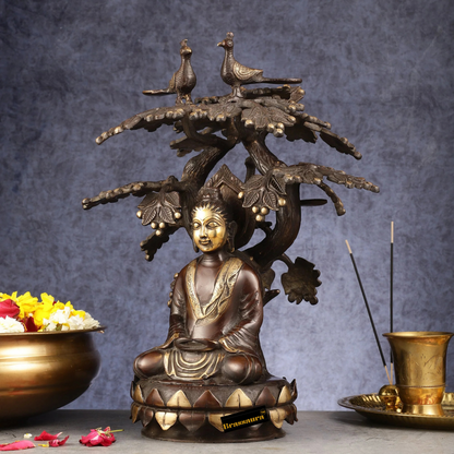 Brassaura™ Brass Buddha Under Tree Statue – Height 16.5 Inches, Weight 10 Kgs