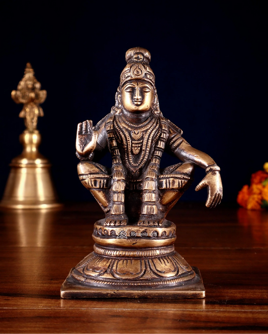Brassaura™ Brass Lord Ayyappan Idol – 5 inch | 0.83 kg | Burnt Brass Finish for Home Temple & Spiritual Decor