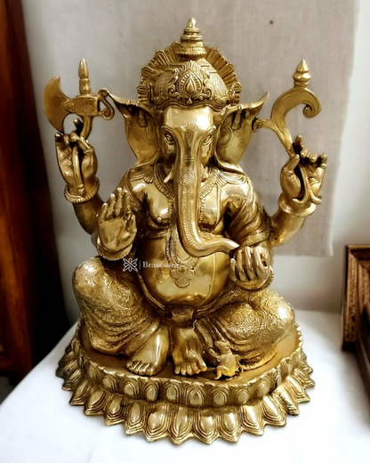 Brassaura™ Large Brass Ganapati on Lotus Base – Height 22 Inches, Weight 29 Kgs
