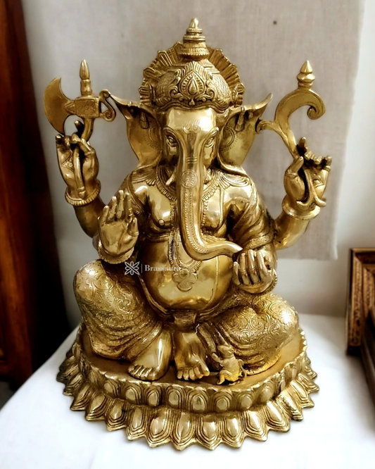 Brassaura™ Large Brass Ganapati on Lotus Base – Height 22 Inches, Weight 29 Kgs