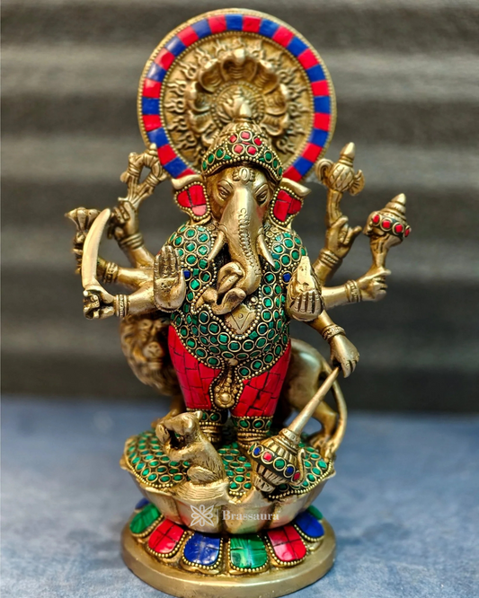 Brassaura™ Ashirwad Kanadrishti Vinayaka Brass Idol with Meenakari Stonework – Height 12 Inches & Weight 4.5 Kgs