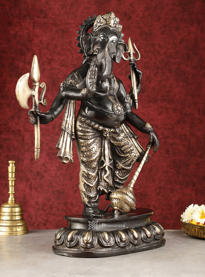 Brassaura™ Pure Brass Standing Lord Ganesha – Black Finish | Height 18 Inches, Weight 14 Kgs
