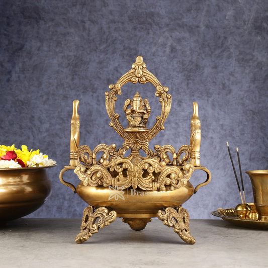 Brassaura™ Handcrafted Brass Ganapati Urli Bowl with Elephants – Height 12 Inches, Weight 3.5 Kgs