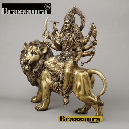 Brassaura™ 26.5-Inch Brass Durga Idol – 35.38kg – Majestic 8-Armed Goddess Seated on Lion with Golden Finish for Temple, Home & Gifting