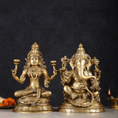 Brassaura™ Pure Brass Ganesh Lakshmi Idol Set | Height 10 inch | Weight 9.5 Kg | Spiritual Home Decor