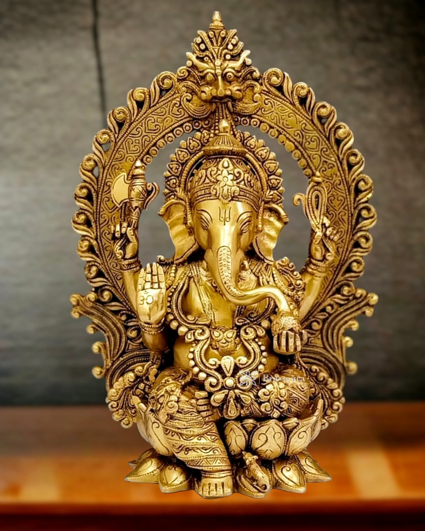 Brassaura™ Pure Brass Ganapati Idol on Lotus Throne with Prabhavali – Height 15.5 Inches, Weight 10.5 Kgs