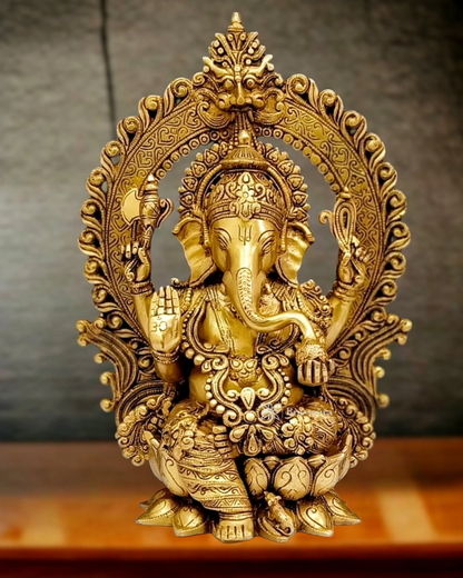 Brassaura™ Pure Brass Ganapati Idol on Lotus Throne with Prabhavali – Height 15.5 Inches, Weight 10.5 Kgs