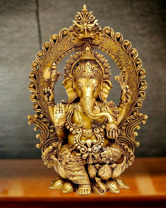 Brassaura™ Pure Brass Ganapati Idol on Lotus Throne with Prabhavali – Height 15.5 Inches, Weight 10.5 Kgs