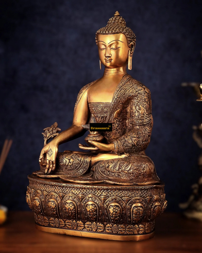 Brassaura™ Pure Brass Buddha Idol with Robe Carvings – Height 22 Inches, Weight 18 Kgs