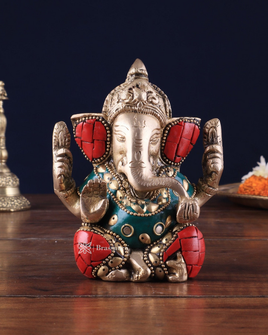 Brassaura™ Small Pure Brass Lord Ganesha Idol – 5 Inch Height | 0.8 kg | Intricate Stonework | Spiritual Décor