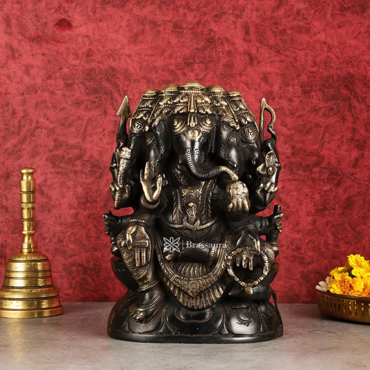 Brassaura™ Pure Brass Panchmukhi Ganesha Statue – Black & Gold Finish | Height 11 Inches, Weight 7.2 Kgs