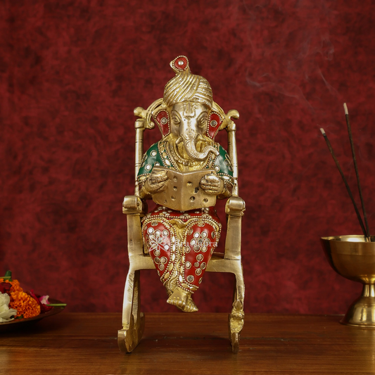 Brassaura™ Pure Brass Reading Ganesha on Rocking Chair – Height 11 Inches, Weight 3.5 Kgs | Meenakari Art