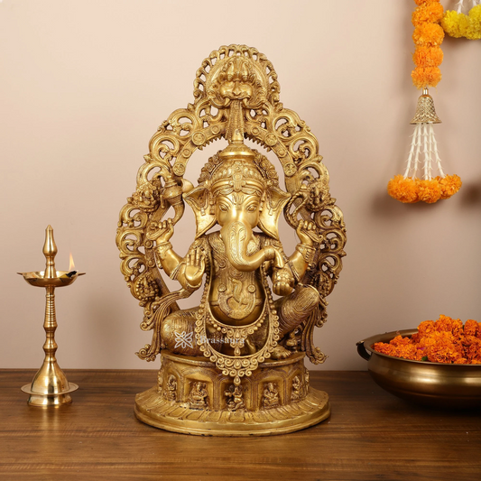 Brassaura™ Brass Handcrafted Superfine Lord Ganesha with Ashtavinayaka Base & Prabhavali – Height 26 Inches, Weight 28 Kgs