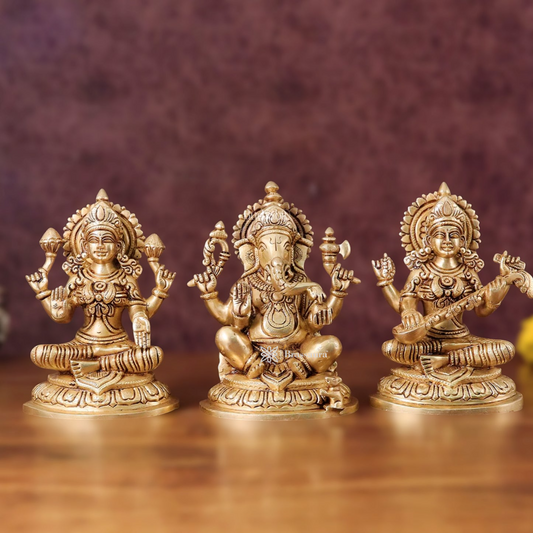 Brassaura™ Pure Brass Ganesha, Lakshmi & Saraswati Idol Set – 7.5" Height, 7.4 kg – Symbol of Blessings, Wisdom & Prosperity